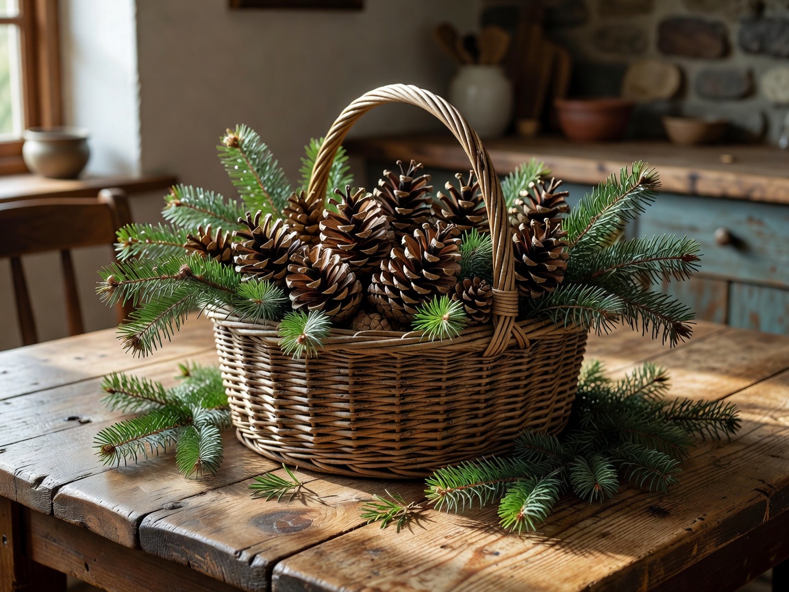 A wicker basket filled with pine cones and evergreen clippings on a farmhouse kitchen table