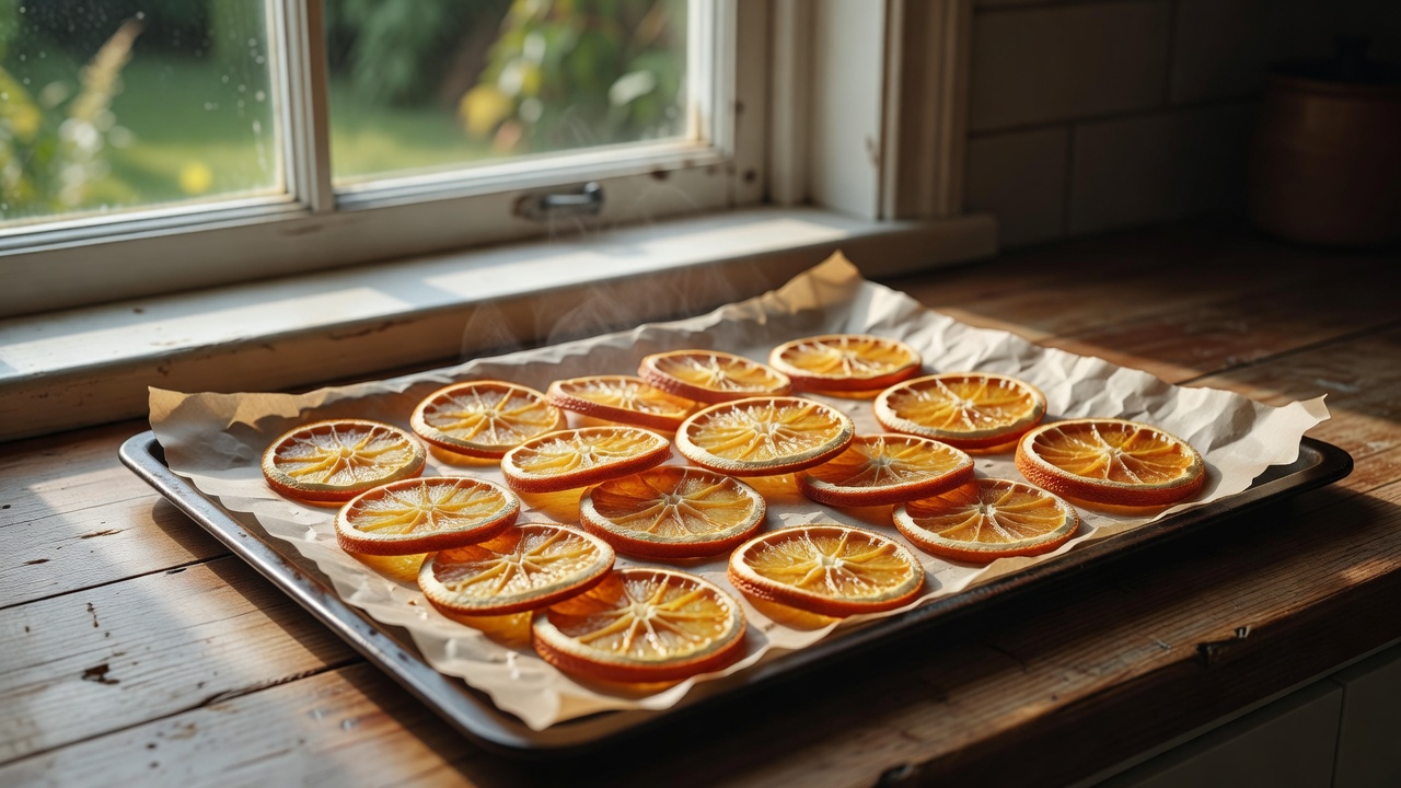 Translucent dried orange slices cooling on a baking tray lined with paper near a kitchen window