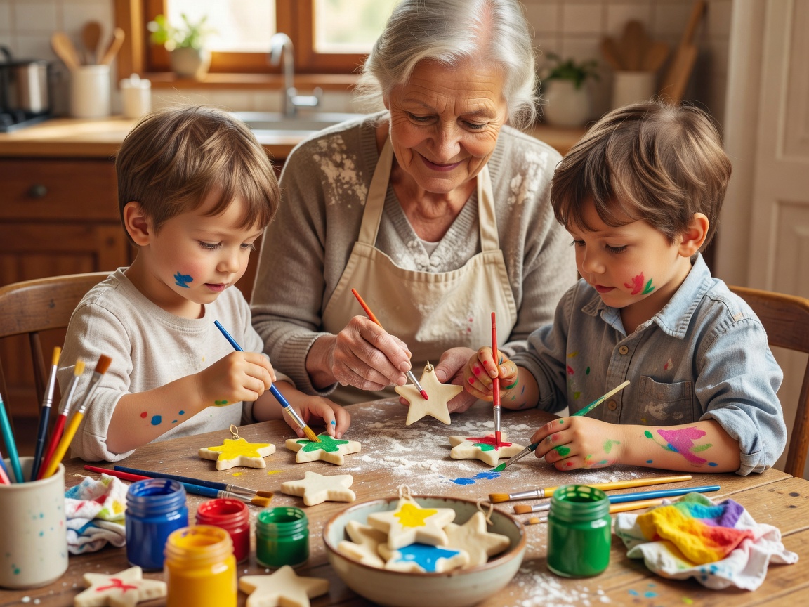 A grandparent and two children painting salt dough star ornaments at a kitchen table in daylight