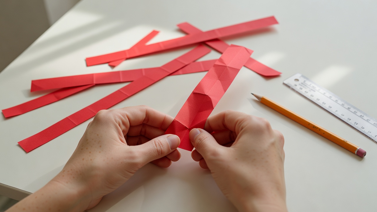 Close-up of hands folding a red paper strip in half beside a pencil and ruler on a pale table