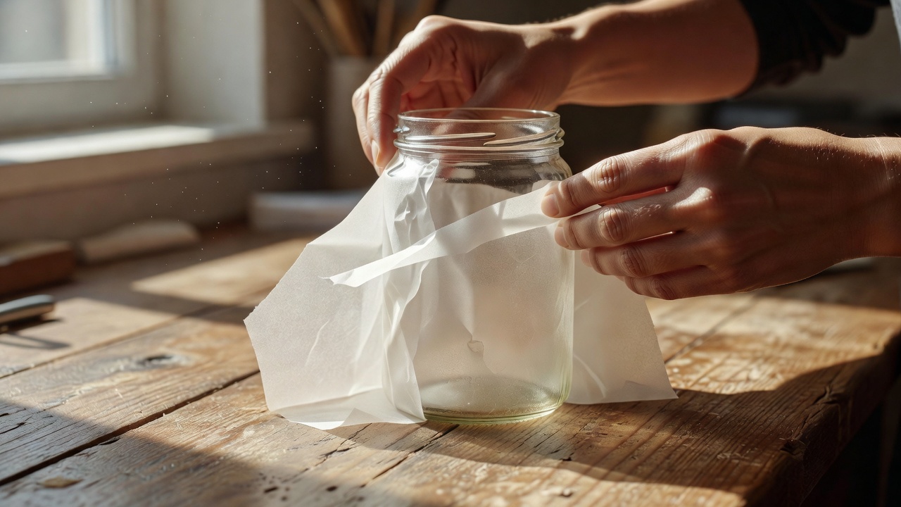 Hands wrapping a clean glass jar with frosted tracing paper on a sunlit wooden work table
