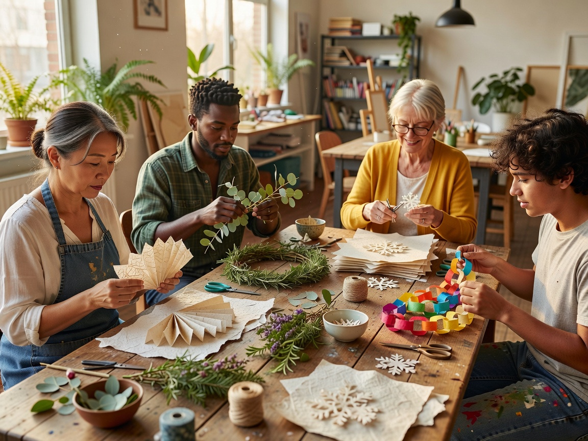 A small group of neighbours making paper and greenery decorations together at a long table in a bright shared workspace