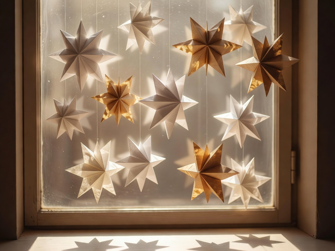 Folded white and kraft paper stars hanging on threads in a sunlit window