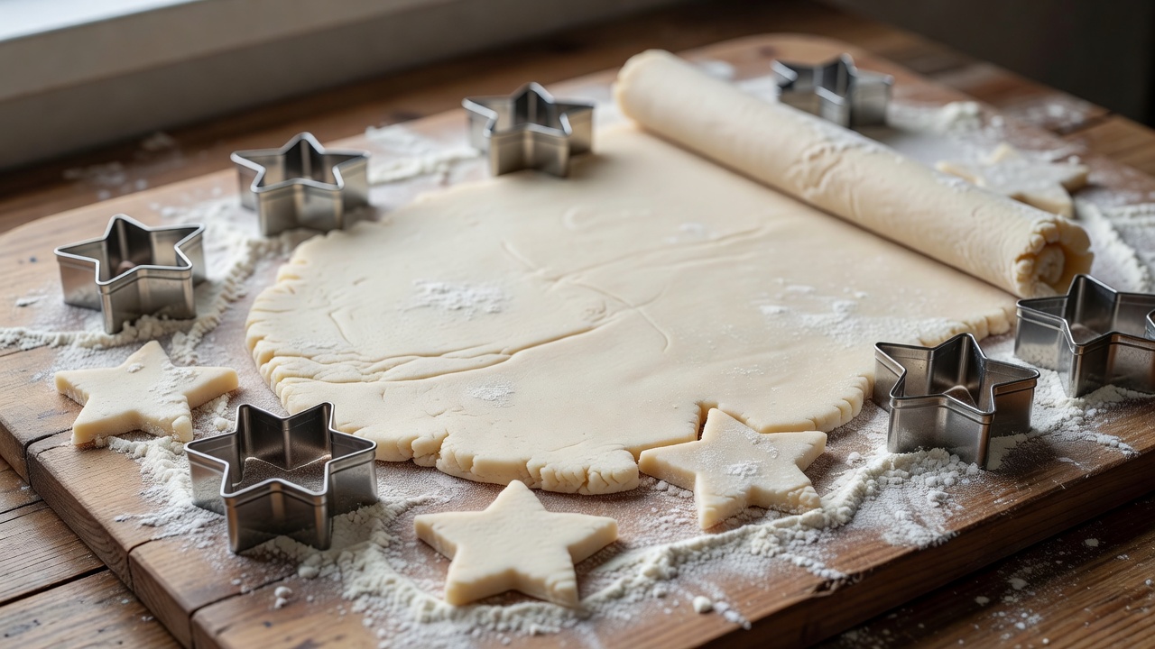 Rolled salt dough on a floured board with star-shaped cutters and a few cut stars ready for baking