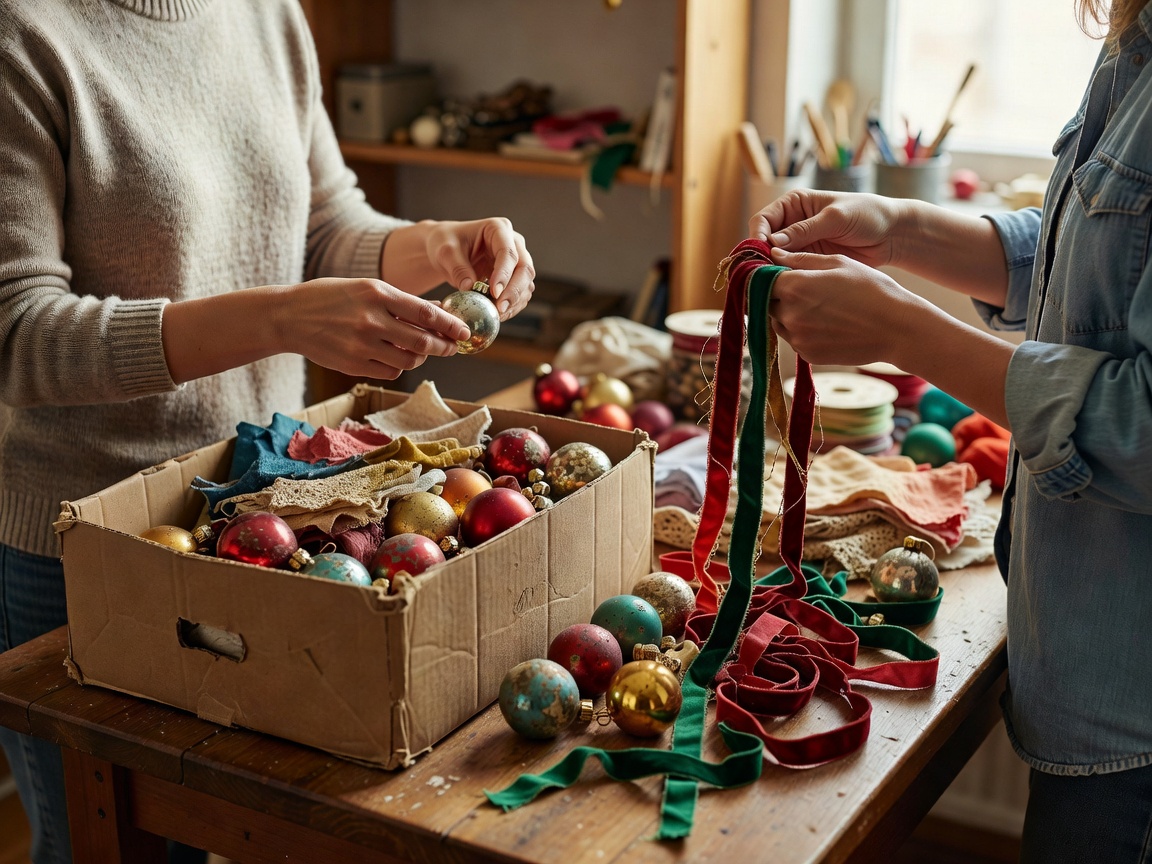 Two people sorting old baubles, fabric scraps and ribbons from a cardboard box in a shared workspace